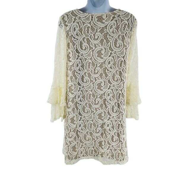 Tacera Cream Lace Overlay Sheer Bell Sleeve Cocktail Party Shift Dress S - Picture 4 of 14
